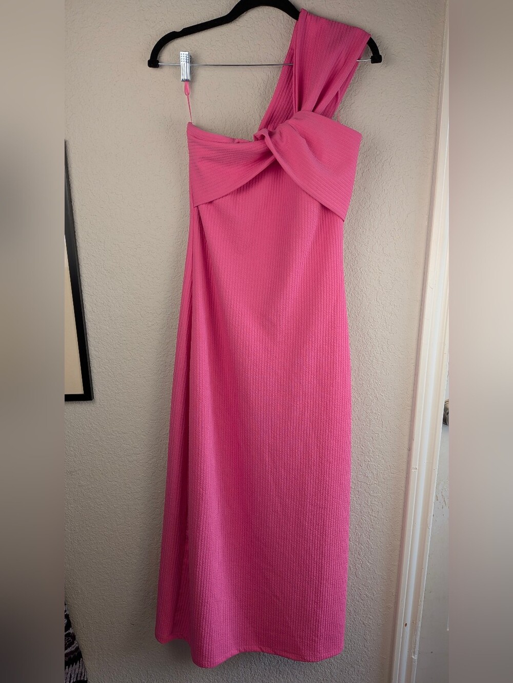 Anthropologie Porridge Barbie Pink Midi Dress S One Shoulder Stretch Knit Chic